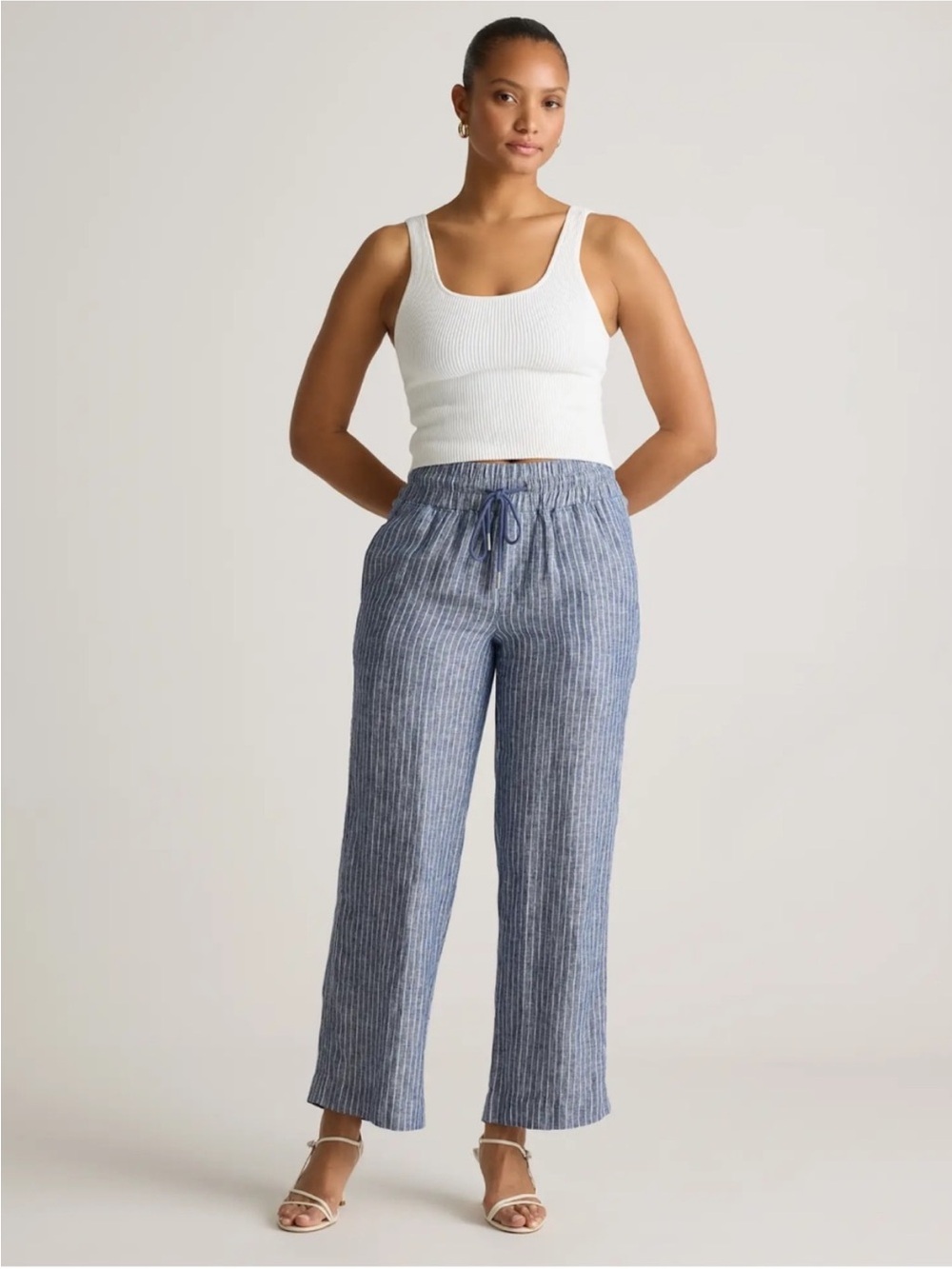 Quince 100% European Linen Wide Leg Pants Chambray Stripe, M